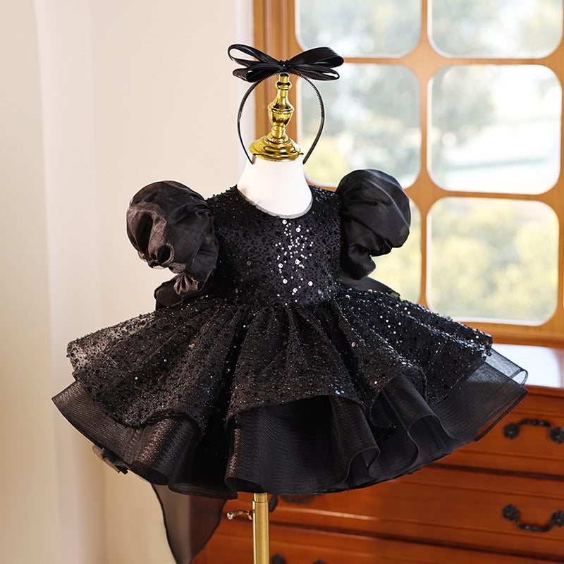 Girls Black Birthday Dress with Puff Sleeves - Elegant Princess Party Gown for Special Occasions | Perfect for Birthday Parties, Pageants, and Formal Events