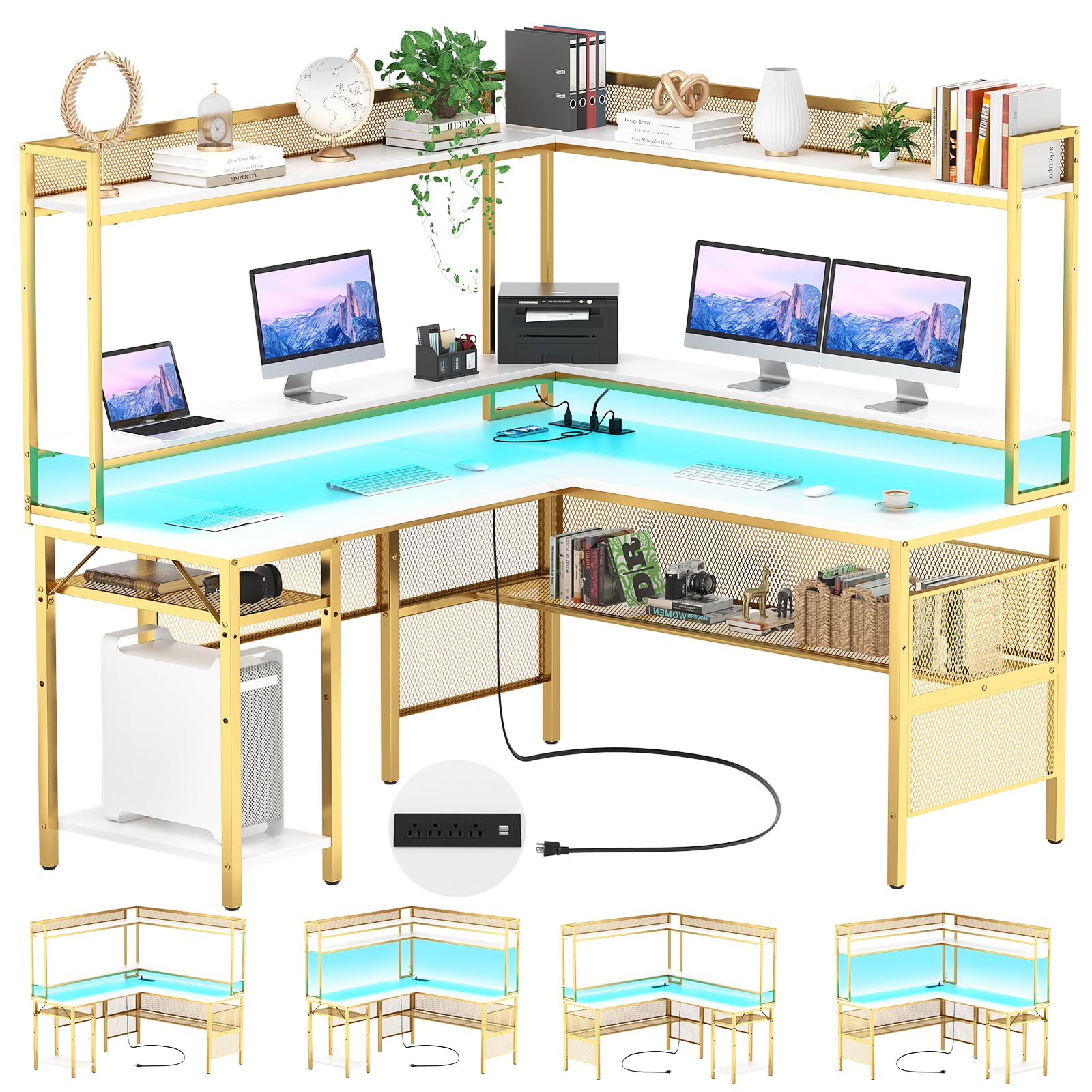 Unikito L-Shaped Gaming Desk with LED Lights - Reversible Computer Desk with Storage Shelves & Monitor Stand, Power Outlet - Industrial Style 2-Person Corner Desk for Home Office (White Oak) - Perfect for Gamers, Streamers & Remote Workers