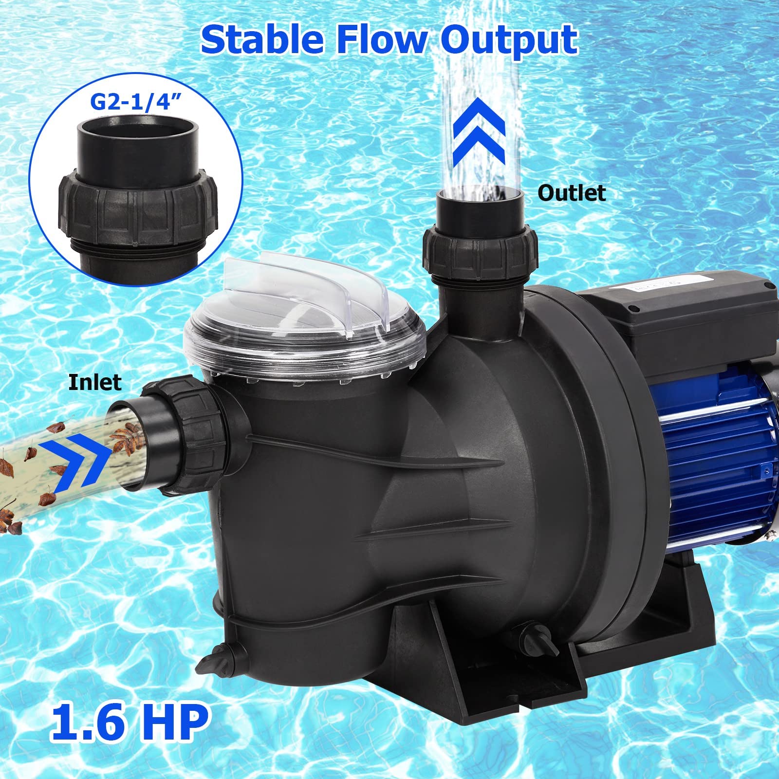 1.6HP In-Ground & Above-Ground Single Speed Pool Pump - 1200W/115V, 6075GPH High Flow Swimming Pool Pump with Filter Basket | Powerful Self-Priming, Low Noise | Ideal for Residential Pools, Spas, and Water Features
