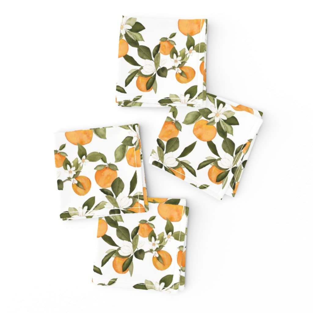 Orange Blossom Floral Print Linen Cotton Cocktail Napkins (Set of 4) - Spring Summer Botanical Citrus Fruit Design for Parties, Weddings & Home Decor