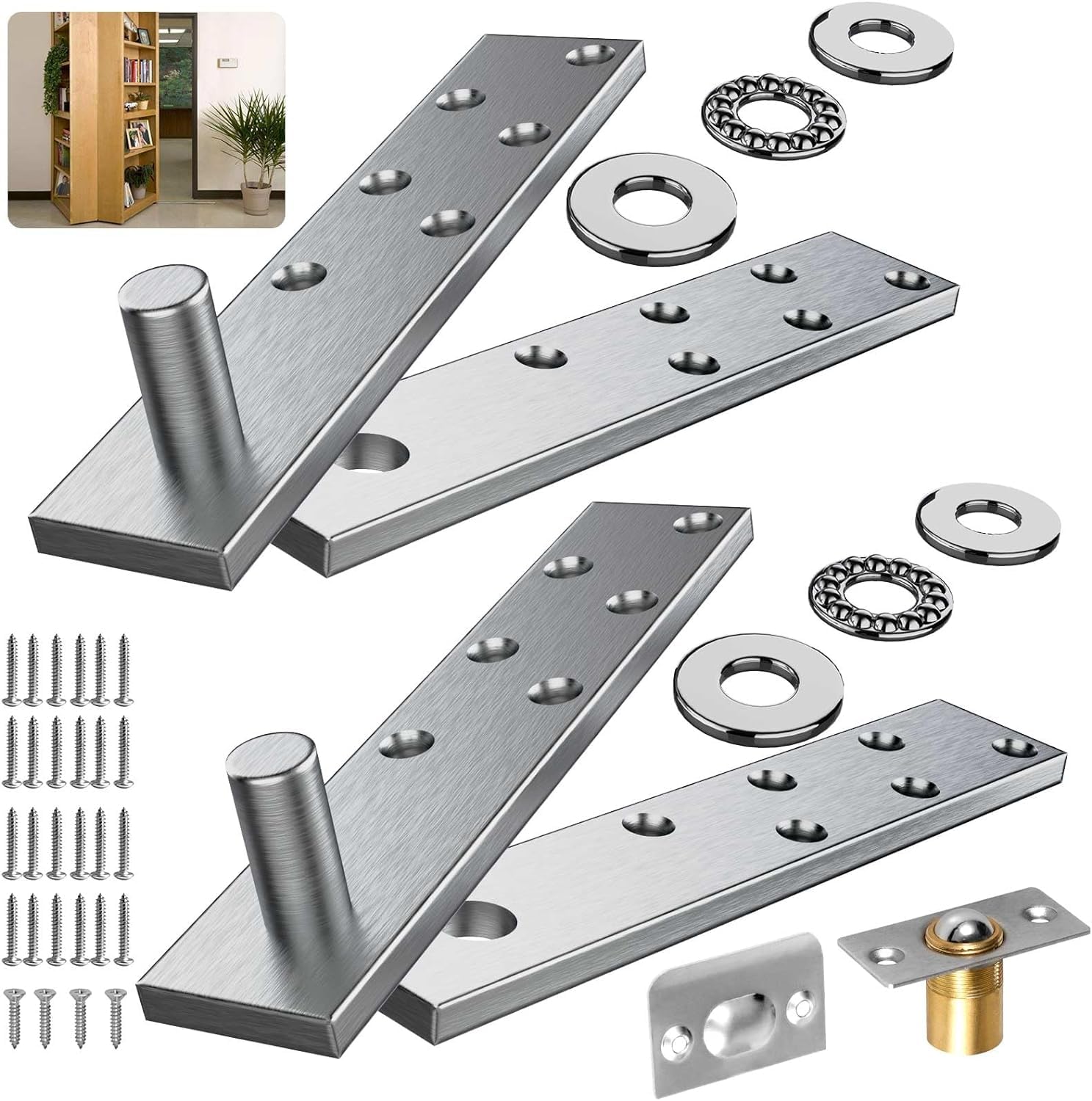 Heavy Duty Stainless Steel Hidden Door Hinge - 360 Degree Rotation Pivot Hinges for Wood Doors, Cabinet & Secret Bookcase (Max 300 lb) - Perfect for Hidden Rooms, Bookshelf Doors & Custom Furniture (2Pcs)