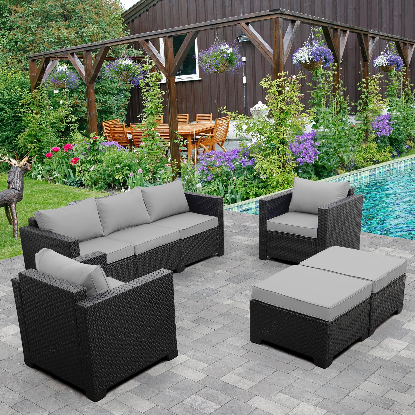 Rattaner 5-Piece Outdoor Wicker Patio Furniture Set - Grey Sectional Sofa with No-Slip Cushions & Waterproof Covers | Perfect for Backyard, Poolside & Garden Relaxation