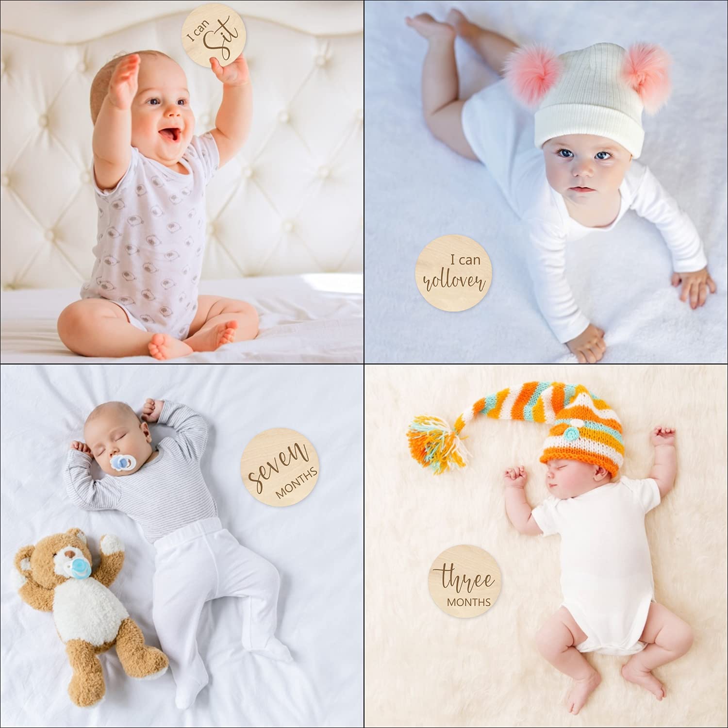 Wooden Baby Milestone Cards - Double Sided Engraved Monthly Photo Prop Discs for Newborns | Perfect Baby Shower Gift Set with Velvet Bag | Capture First Year Memories & Monthly Growth (Round Style 2)