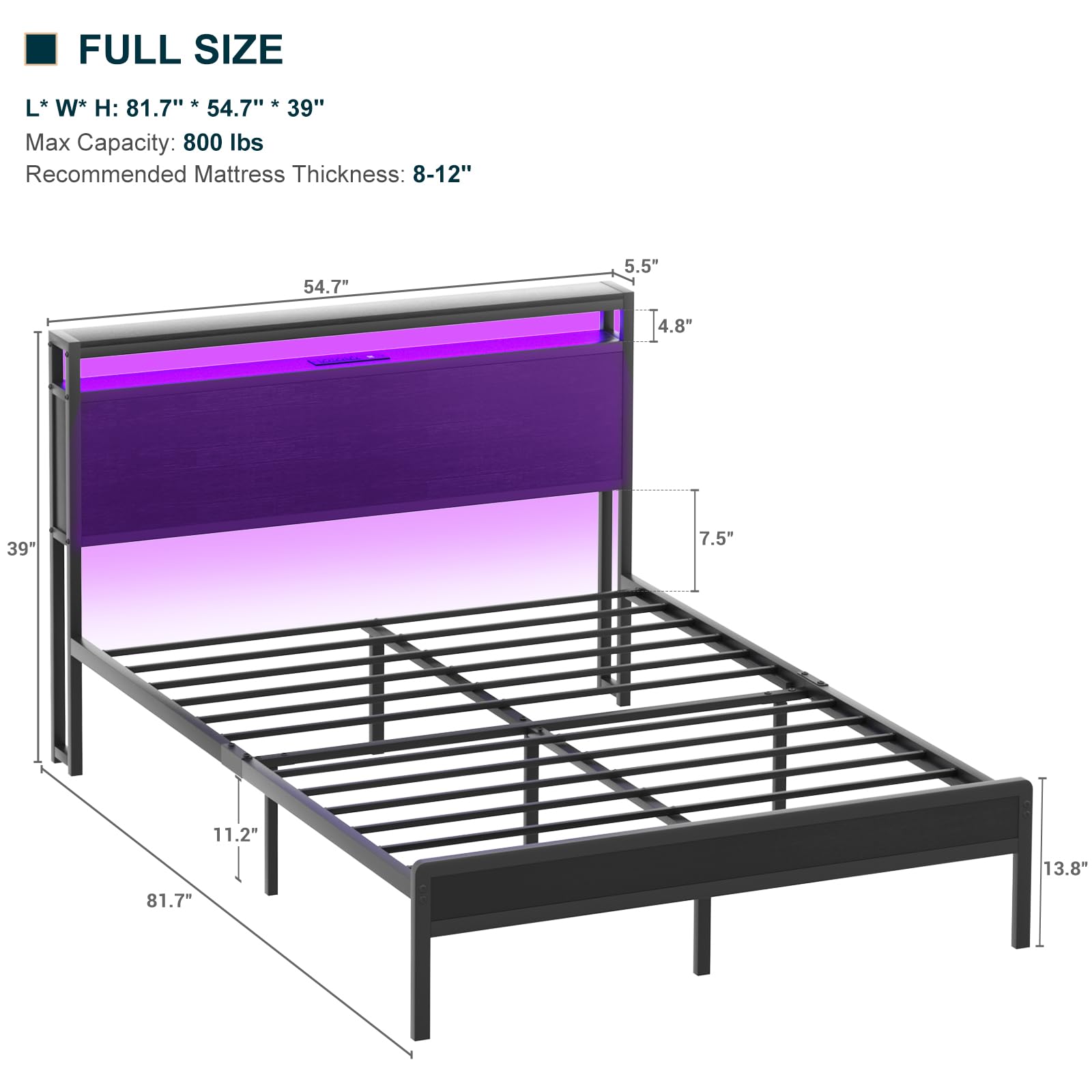 Homieasy Black Full Size Bed Frame with Headboard - Sturdy Metal Platform Bed with USB Charging Station & LED Lights, Industrial Style Bed Frame - No Box Spring Needed, Noise-Free - Perfect for Modern Bedrooms, Dorms & Small Spaces