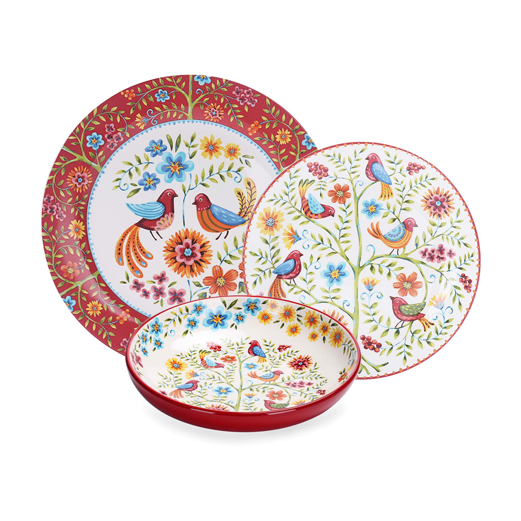 Bico Red Spring Bird Ceramic Dinnerware Set - 12 Piece Service for 4 with 11