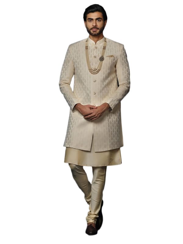 KISAH Men's Indo Western Sherwani Set - Cream Cotton Blend Ethnic Wear | Traditional Indian Wedding Outfit for Groom & Groomsmen | Perfect for Weddings, Festivals & Cultural Events