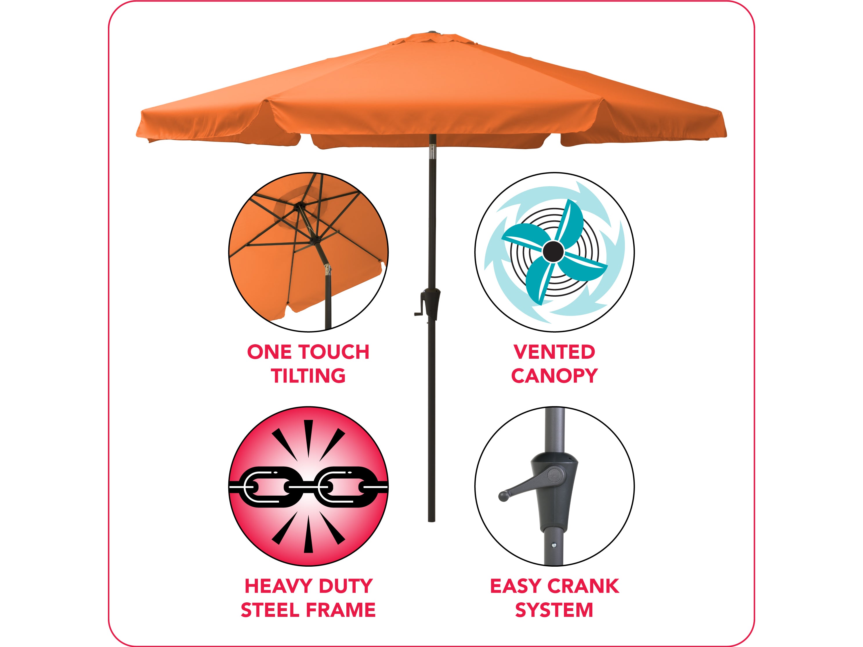 10ft Round Orange Patio Umbrella - UV Protection Outdoor Market Umbrella for Poolside, Garden, and Backyard Relaxation