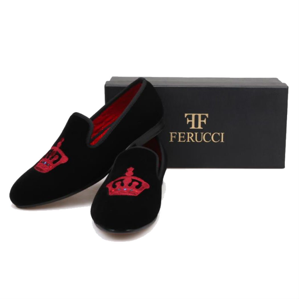 FERUCCI Handmade Men's Black Velvet Loafers with Burgundy Crown - Luxury House Slippers for Men - Perfect for Home, Office & Special Occasions