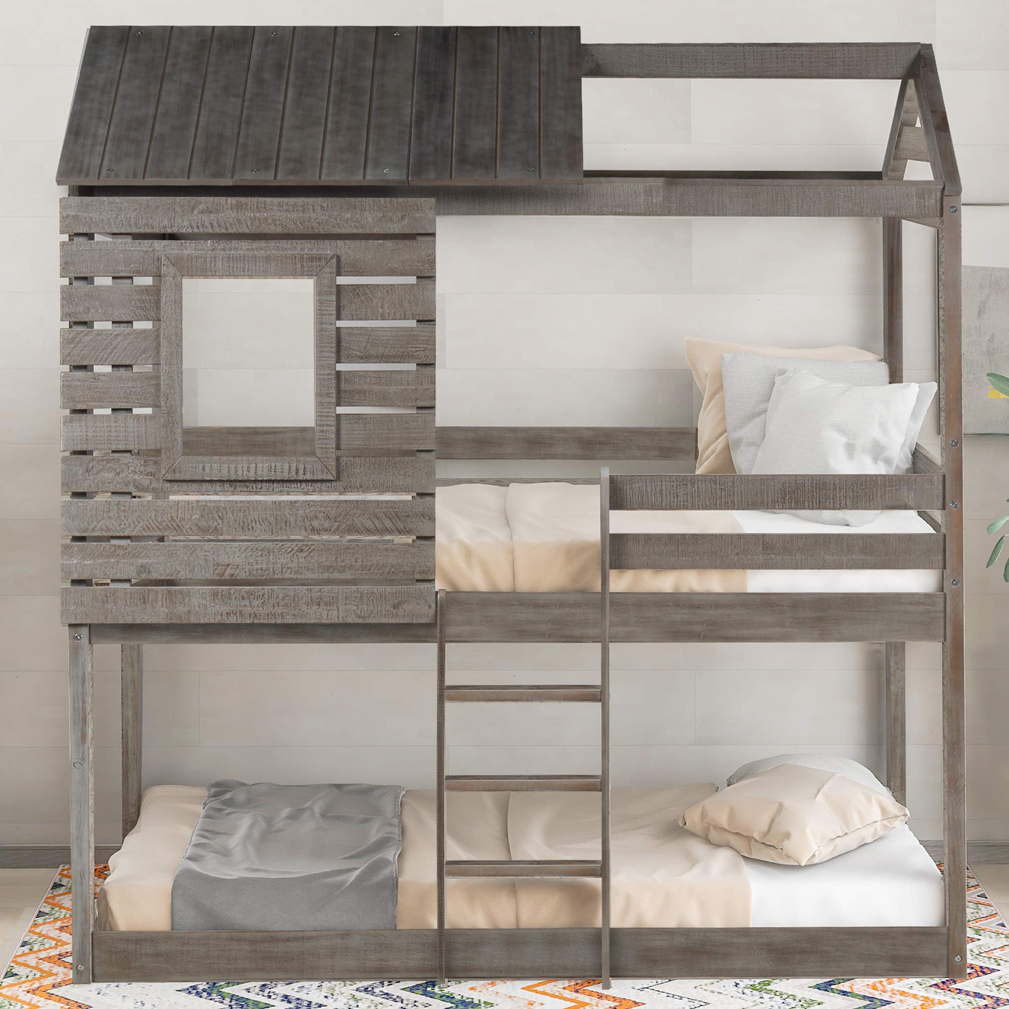 Twin Over Twin Wood Bunk Bed with Roof & Window - Sturdy Guardrail & Built-in Ladder - Kids & Teens Wood House Bed - Easy Assembly - Perfect for Small Spaces, Shared Rooms & Sleepovers