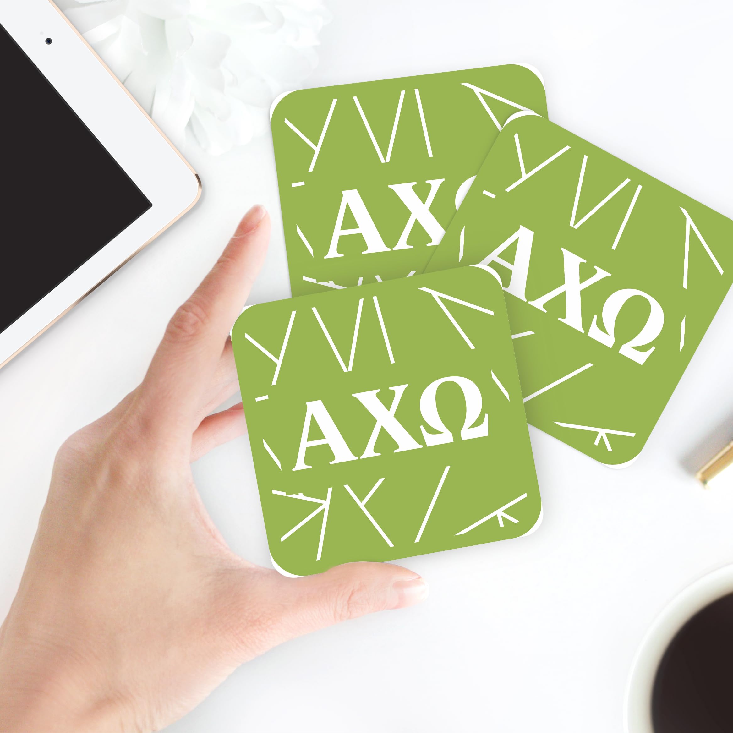 Alpha Chi Omega Square Drink Coasters Set of 4 - Cork Backed Hardboard Beverage Coasters for Coffee, Beer & Wine - Perfect for Dorm Rooms, Sorority Gifts & Home Bars