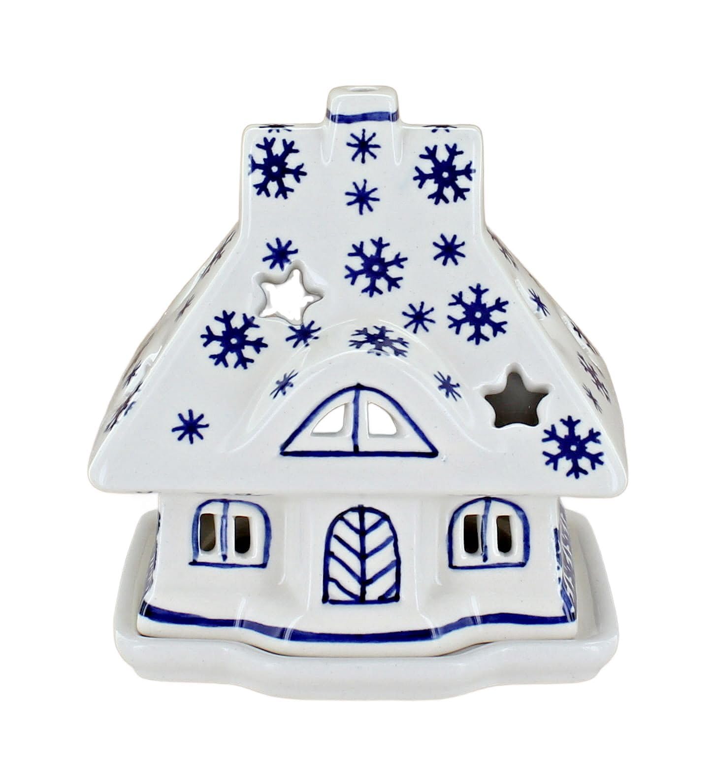 Blue Rose Polish Pottery Snow Flurry House Luminary - Handmade Ceramic Candle Holder for Christmas Decor, Winter Home Decor, Gift Idea for Holiday Season