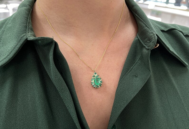 2.68tcw 14K Gold Colombian Emerald Pear & Round Cut Multi Gemstone Prong Pendant Necklace for Women - Elegant Jewelry Gift for Birthday, Anniversary & Special Occasions