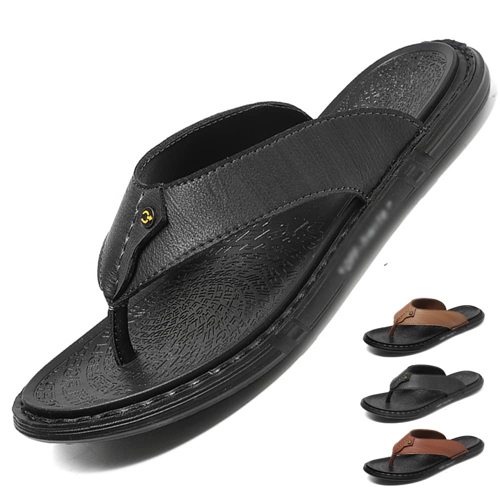 Men's Leather Flip Flops - Comfortable Beach Sandals with Anti-Slip Sole for Summer, Outdoor, Shower & Casual Walking | Open Toe Slippers EU Sizes 38-46 (Black-38EU) | Perfect for Poolside, Vacation & Relaxation
