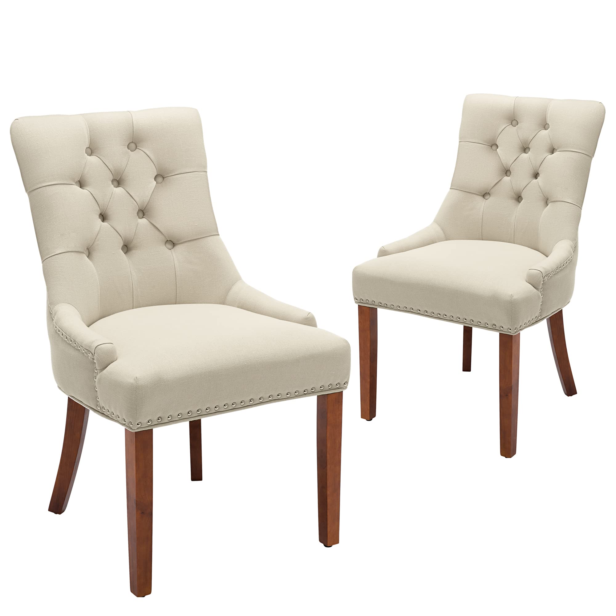 UDAX 2-Piece Upholstered Dining Chairs with Arms - Solid Wood Legs & Tufted Backrest, Beige Linen Fabric - Perfect for Dining Room, Kitchen, Breakfast Nook & Home Decor
