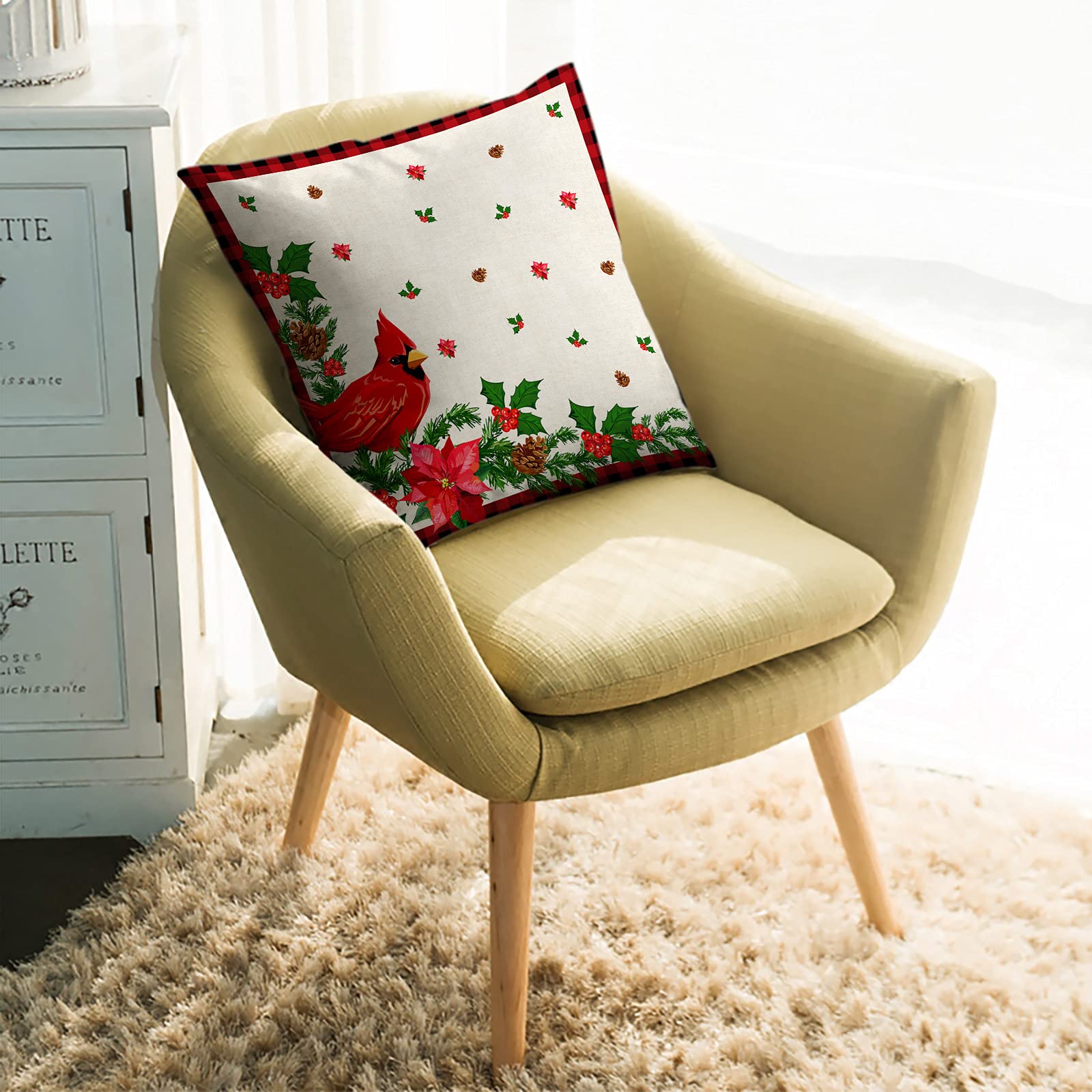 Christmas Throw Pillow Covers 20x20 Inch - Decorative Cushion Covers for Sofa, Couch & Chair - Retro Cardinal Poinsettia Floral Design - Perfect for Holiday Home Decor, Living Room & Bedroom Accents