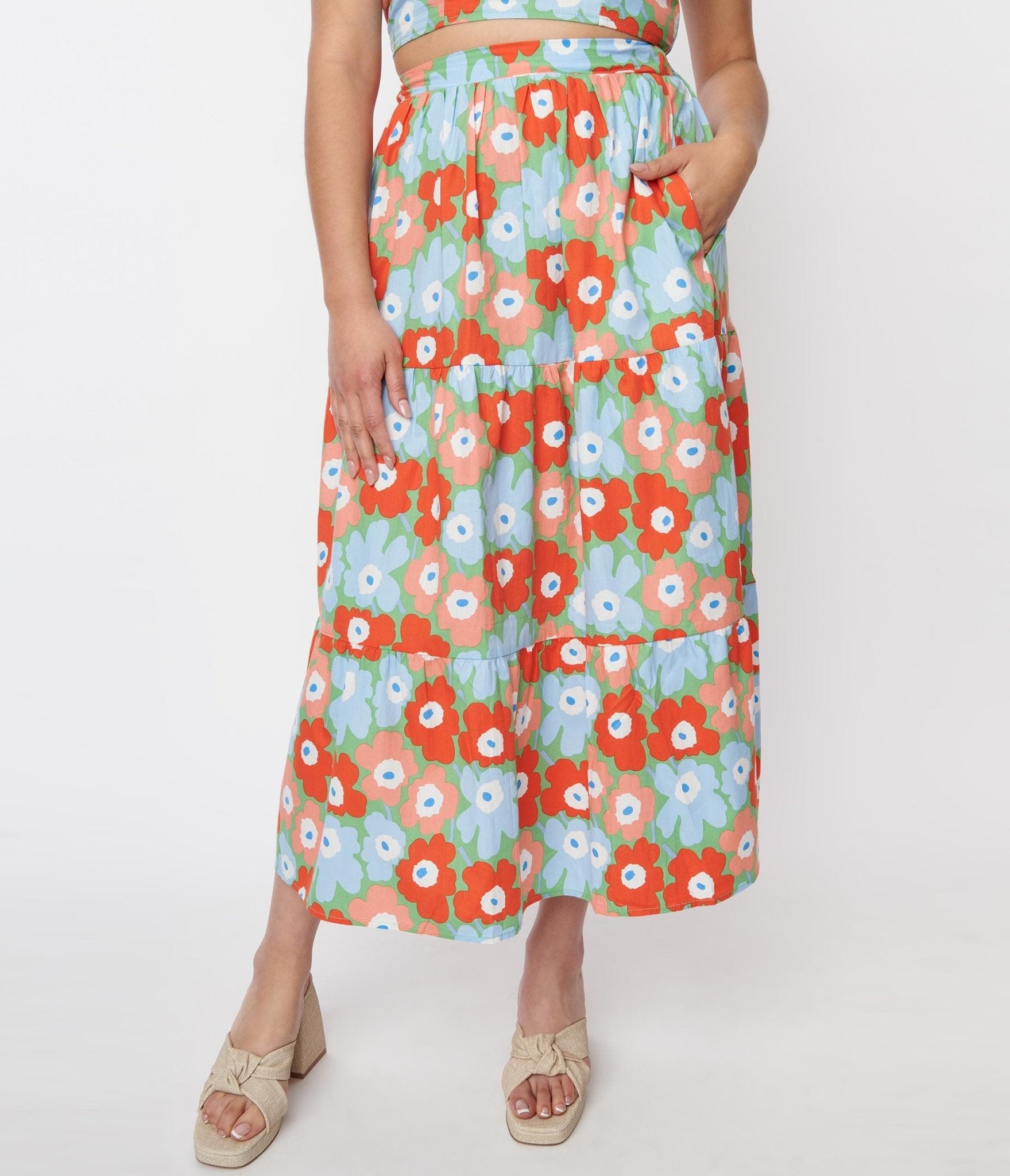 Light Blue & Red Floral Tiered Midi Skirt - Women's Summer Boho Skirt with Elastic Waist | Perfect for Beach Vacations, Music Festivals & Casual Outings