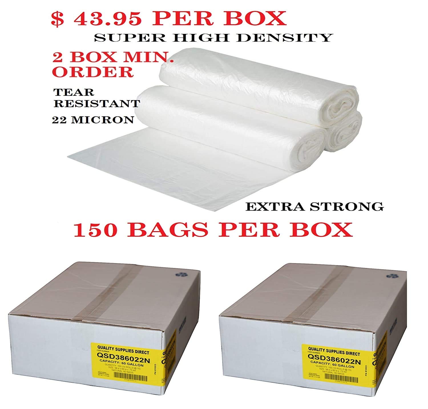 2 Boxes - 55-60 Gallon Heavy Duty Clear Trash Bags (300 Count Total) - Super High Density, Extra Thick Liners for Commercial & Home Use - Perfect for Large Kitchen, Office, and Outdoor Waste Disposal
