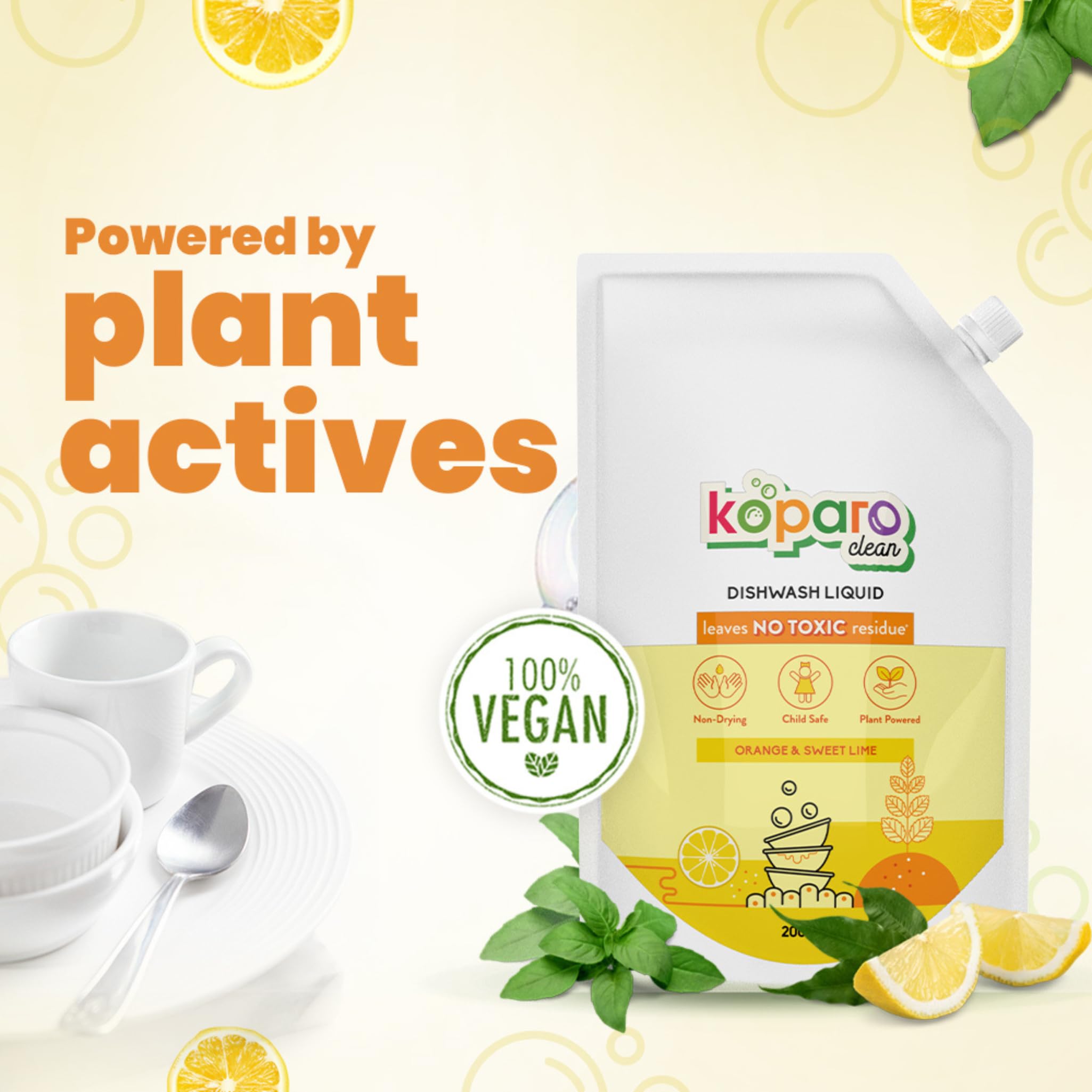 Koparo Organic Dishwashing Liquid - 2 Liters | Natural Plant-Based Formula with Tea Tree Oil for Germ Protection | Orange & Sweet Lime Scent | Safe for Babies & Pets | Ideal for Kitchen, Baby Bottles, and Pet Bowls
