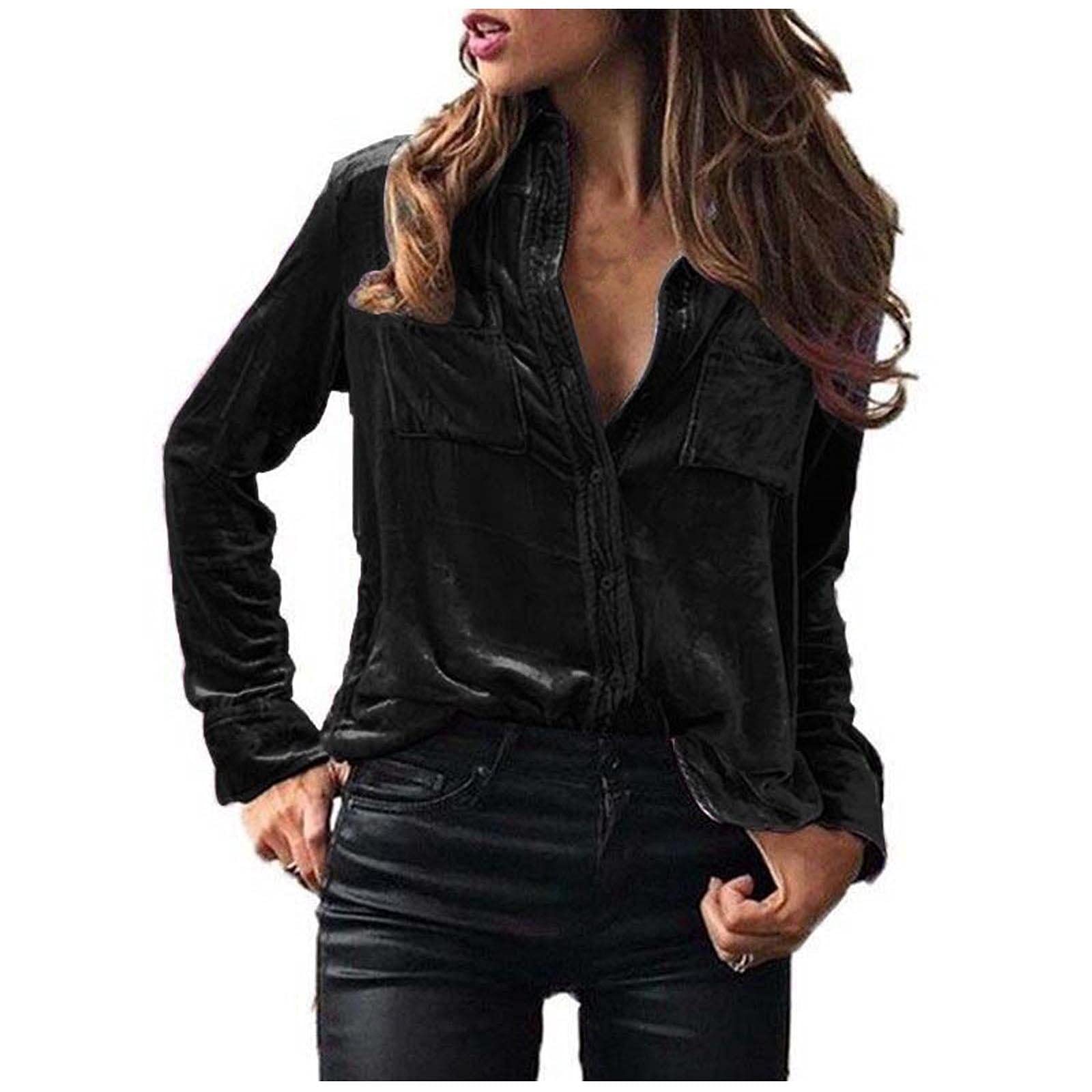 Women's Winter Velvet Pocket Blouse - V-Neck Button Long Sleeve Casual Tunic Top for Women | Cozy Winter Fashion, Office Wear & Holiday Outfits