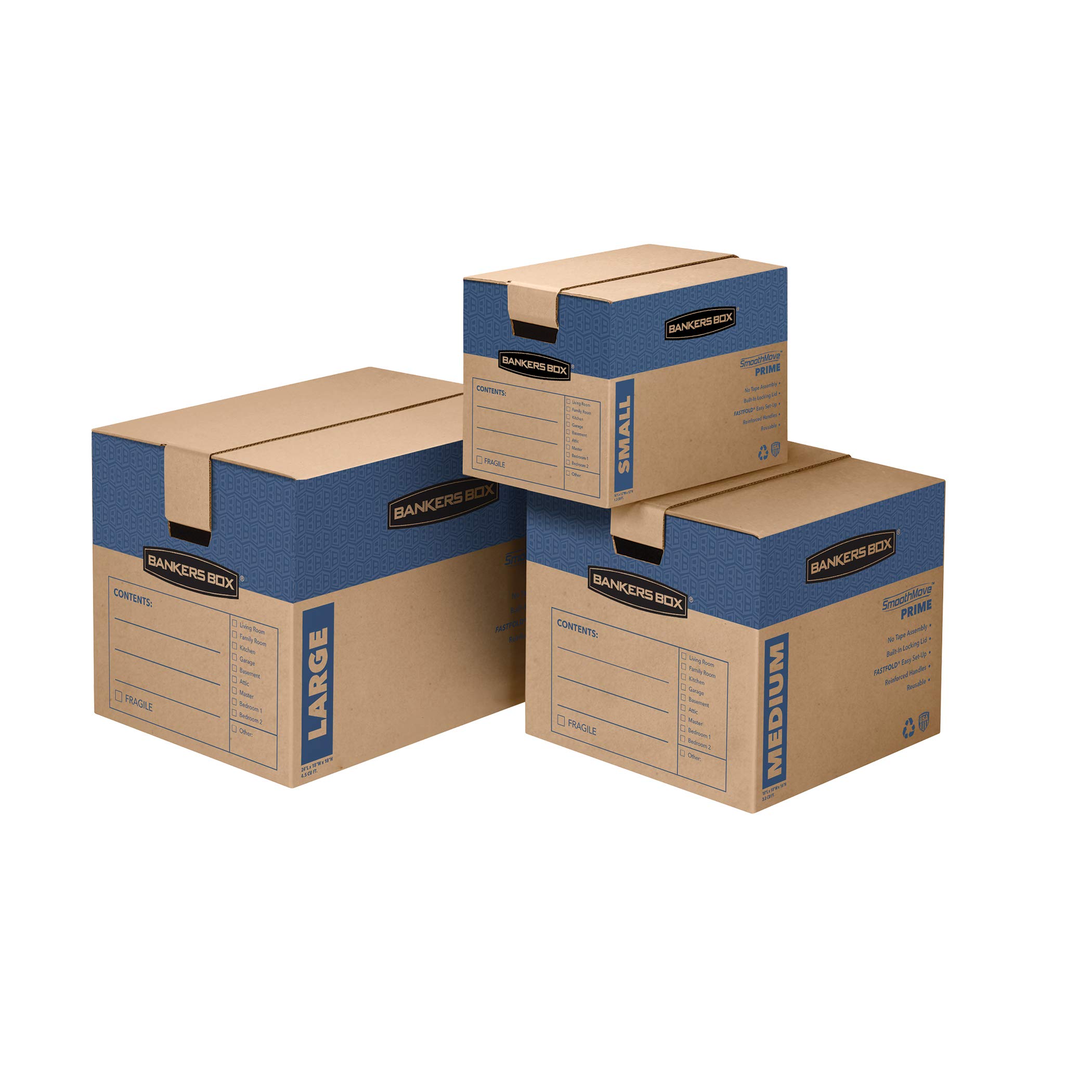 Bankers Box Medium Prime Moving Boxes - 15-Pack with Tape-Free FastFold, Reinforced Handles & Secure Locking Lid | Heavy-Duty Storage for Office, Home & Moving | Perfect for Documents, Books & Household Items