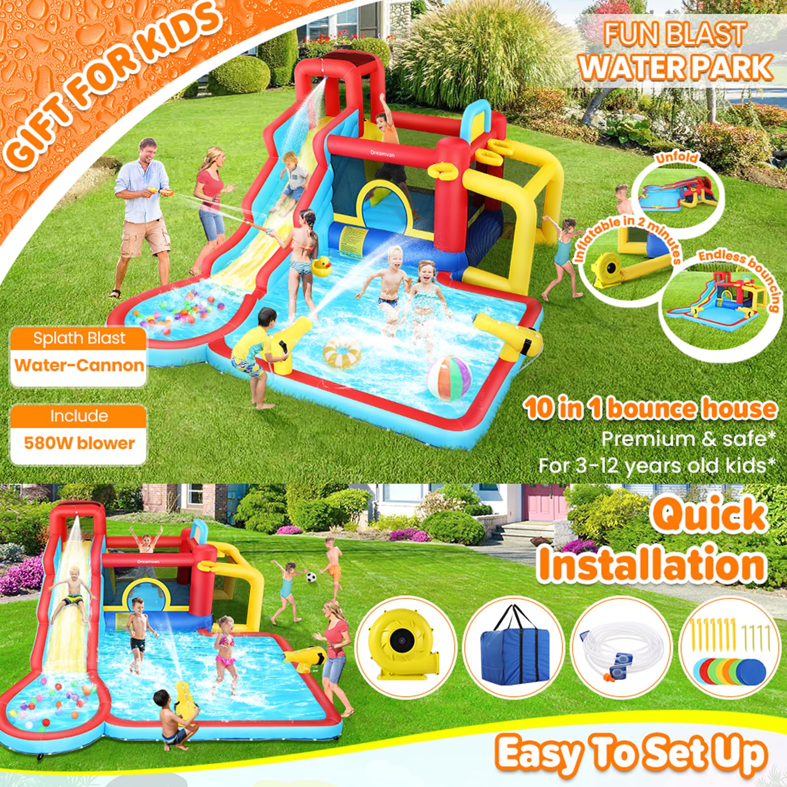 **AKEYDIY 13-in-1 Inflatable Water Slide Bounce House with Waterfall Waves - Kids Backyard Water Park, Splash & Blast Bouncer, Ball Toss, Soccer Gate | Perfect for Summer Parties, Birthdays, and Outdoor Family Fun**