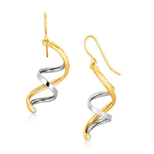 14K Two-Tone Gold Double Helix Polished Dangle Drop Earrings for Women - Elegant Everyday & Party Jewelry Gift