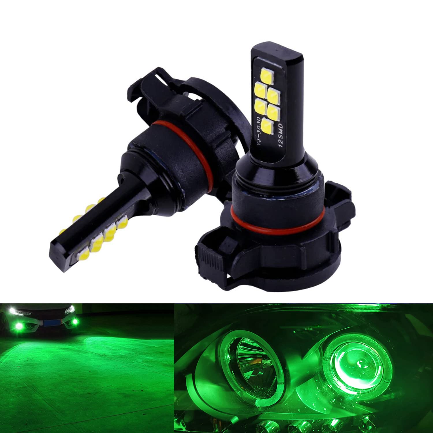 SOCAL-LED 2x H16 5202 LED Fog Light Bulbs - 3030 SMD Super Bright Green DRL Lights for Cars, Trucks & SUVs - Perfect for Daytime Running Lights & Foggy Conditions