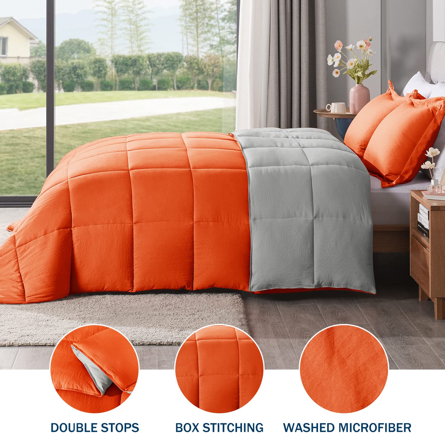 LOVTEX 3-Piece King Size Comforter Set - Ultra Soft Washed Microfiber Reversible Down Alternative Bedding in Orange/Grey - Includes 1 King Comforter & 2 Pillow Shams - Perfect for Master Bedroom, Guest Room & Cozy Winter Nights