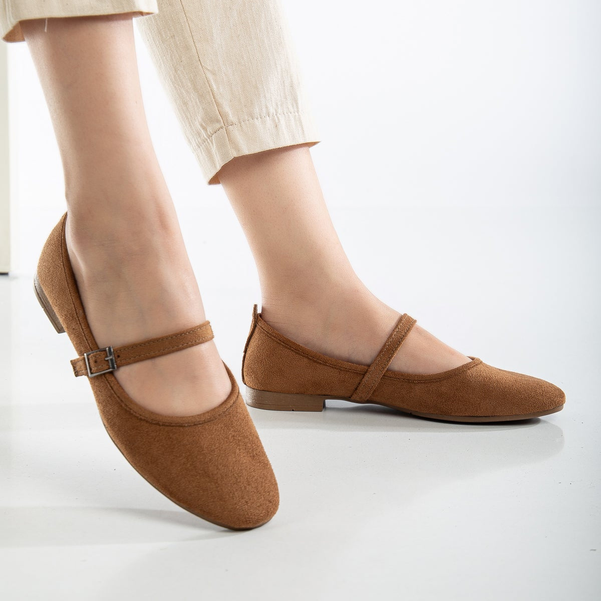 Emilie Cognac Brown Suede Mary Jane Flats - Comfortable Women's Casual Shoes for Work, Office & Everyday Wear