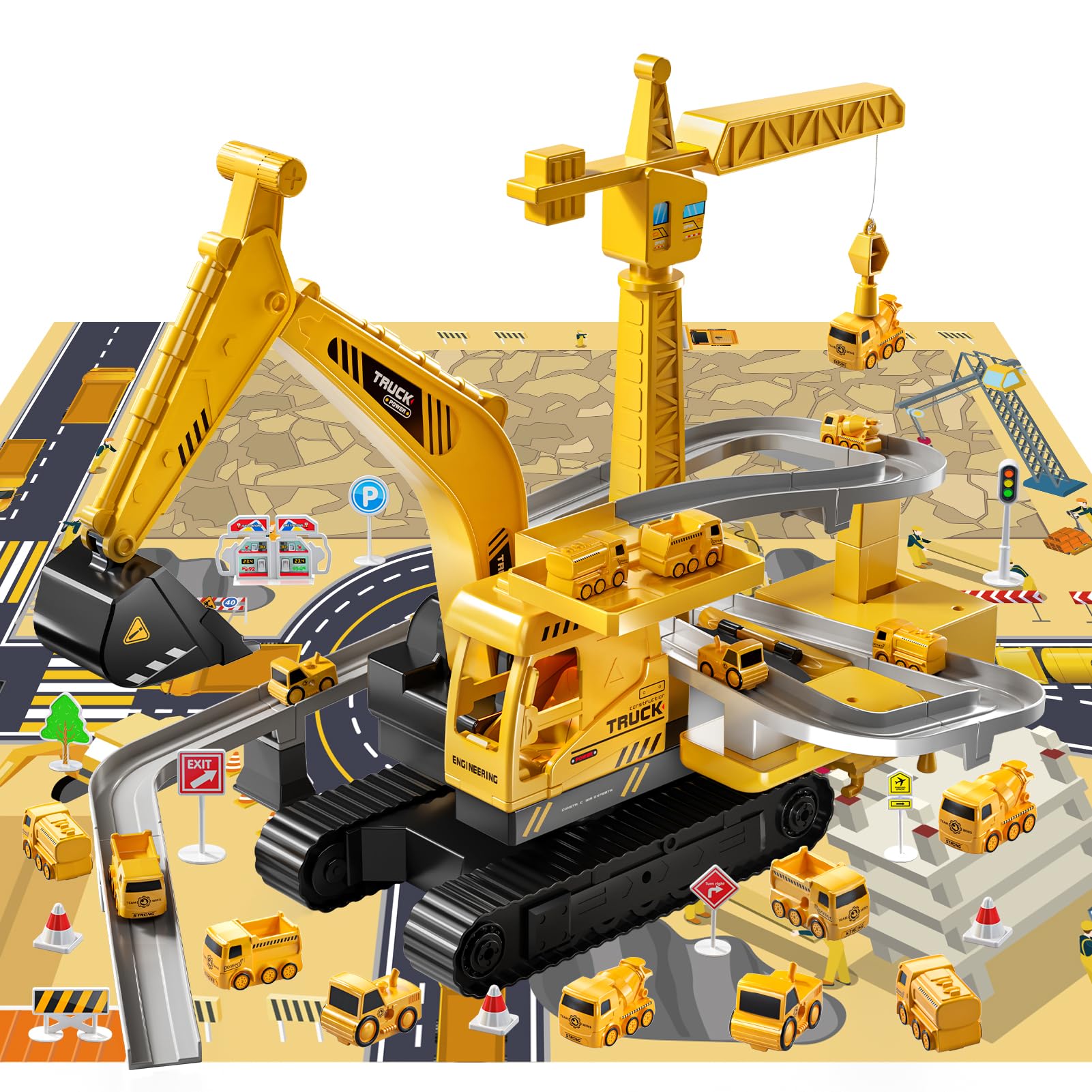 TEMI Construction Truck Toys for Kids Ages 3-7 - Engineering Digger & Crane Playset with Race Tracks, Excavator Toy for Toddlers Boys & Girls - Perfect Gift for 4-6 Year Olds | Outdoor Sandbox Play & Indoor Pretend Construction Games