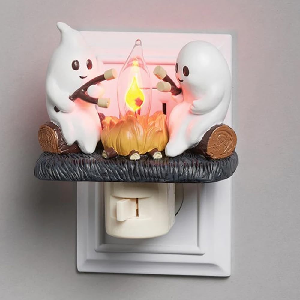 Ghost Campfire Flickering LED Night Light - Halloween Decor for Home, Bedroom, Kids Room - Cute Plug-in Ghost Lamp for Spooky Atmosphere & Cozy Ambience | Perfect for Halloween Parties, Nighttime Reading & Nursery Decor