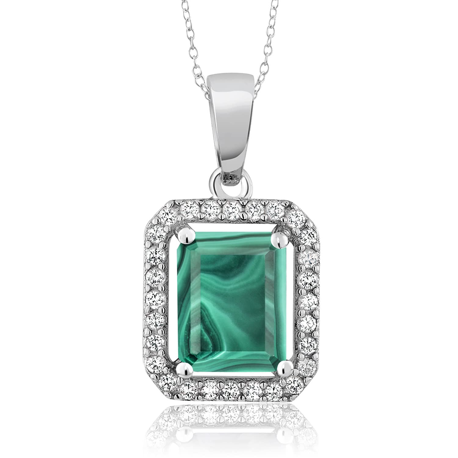 Gem Stone King 925 Sterling Silver Emerald Cut 9X7MM Birthstone Halo Pendant Necklace for Women with 18 Inch Silver Chain | Perfect Gift for Birthday, Anniversary & Mother's Day | Elegant Jewelry for Everyday Wear & Special Occasions