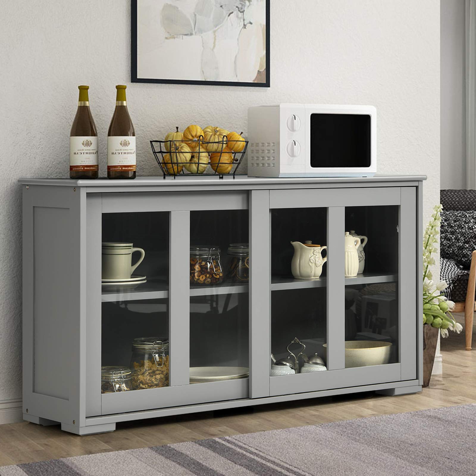 Costzon Wooden Sideboard Buffet Cabinet with Adjustable Shelf & Sliding Glass Doors - Kitchen Storage Cabinet, Coffee Bar Console Table for Living Room, Dining Room, Hallway - Perfect for Home Decor & Entertaining (Grey)