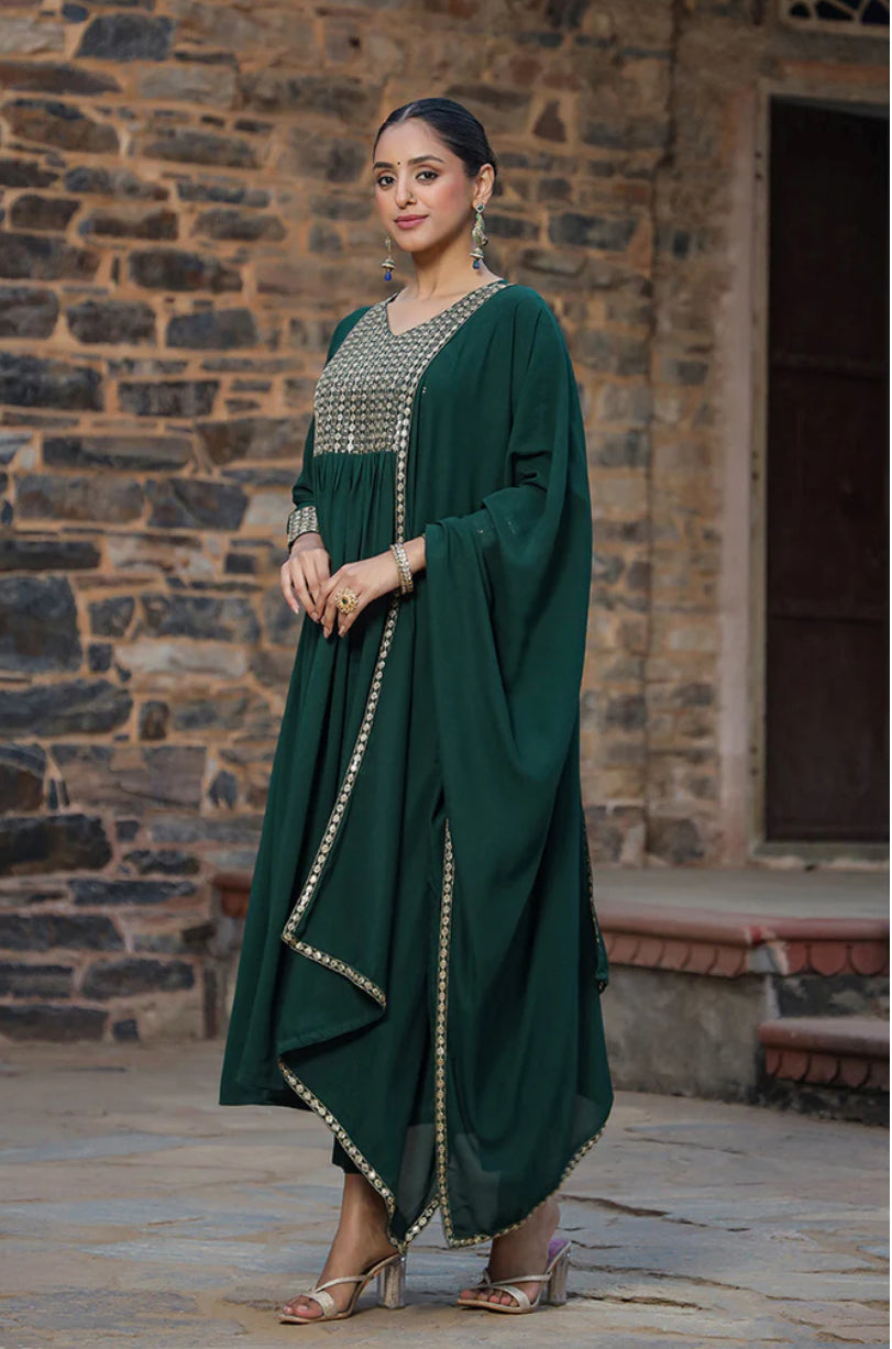 Elegant Green Georgette Solid Anarkali Suit Set for Women - Traditional Indian Party Wear for Weddings, Festivals & Special Occasions