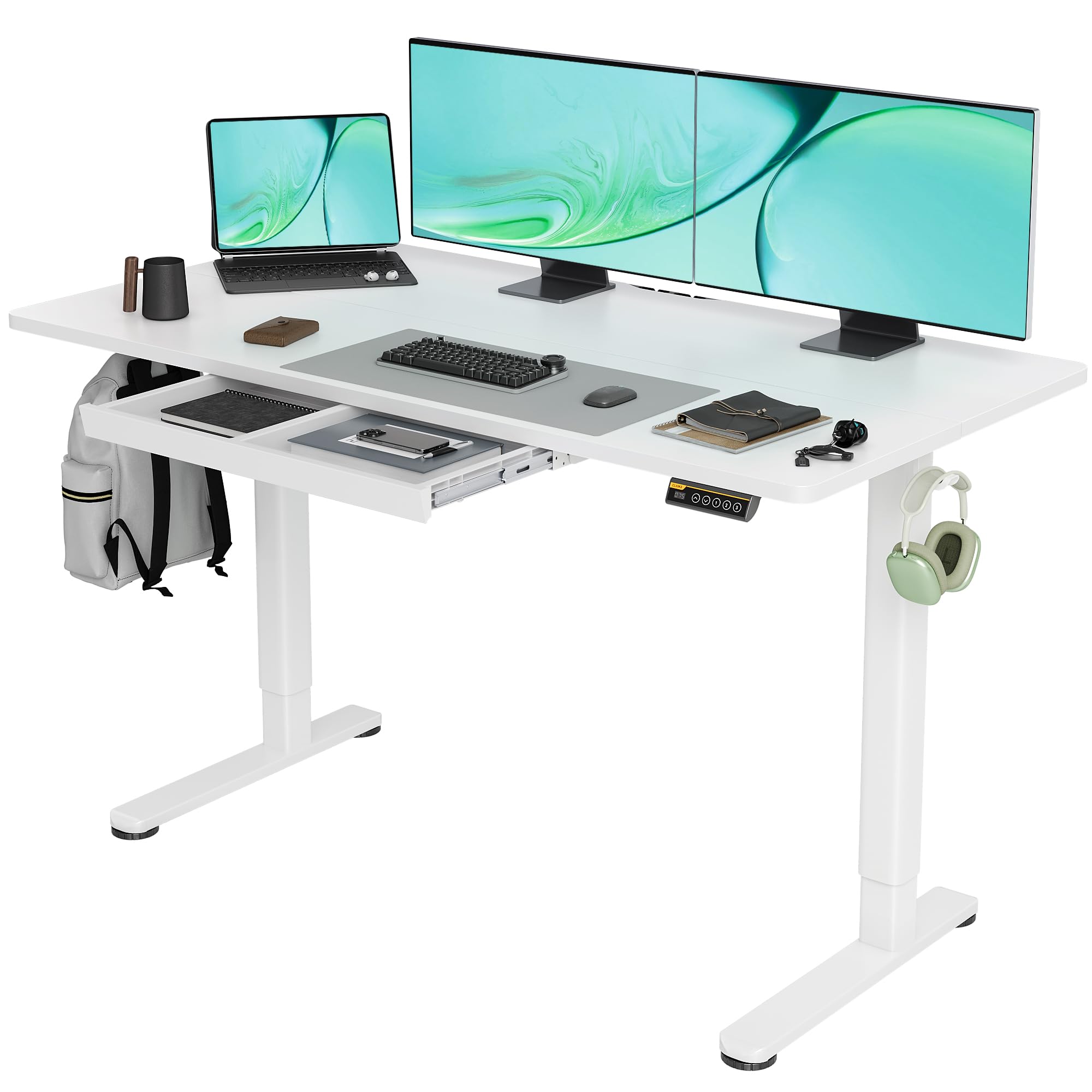 Claiks Electric Standing Desk with Drawers - 55 Inch Adjustable Height Sit Stand Computer Workstation (White) - Perfect for Home Office, Gaming Setup & Ergonomic Workspace