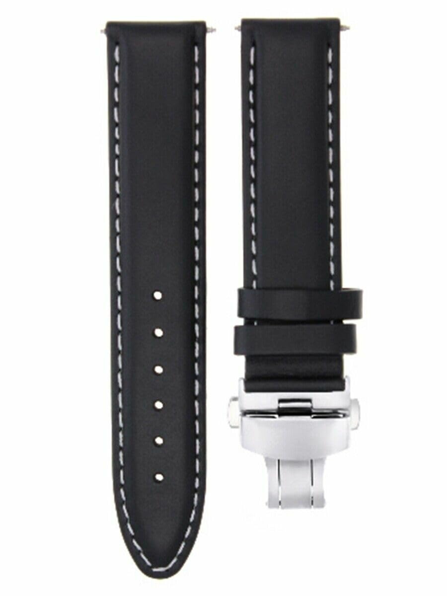 24mm Genuine Leather Watch Band - Smooth Black Strap with White Stitching | Waterproof Replacement for Omega Seamaster | Dress & Casual Wear | Perfect for Business, Daily Use & Special Occasions