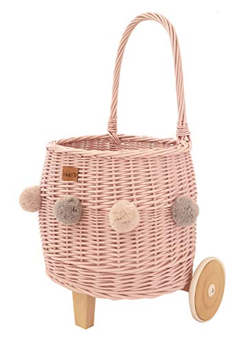 **WIKLIBOX Handmade Rattan Pull Toy Basket - European Wicker Luggy Toy Storage Organizer with Pom Poms (Pink) - Perfect for Kids' Room, Nursery, and Playroom Decor**
