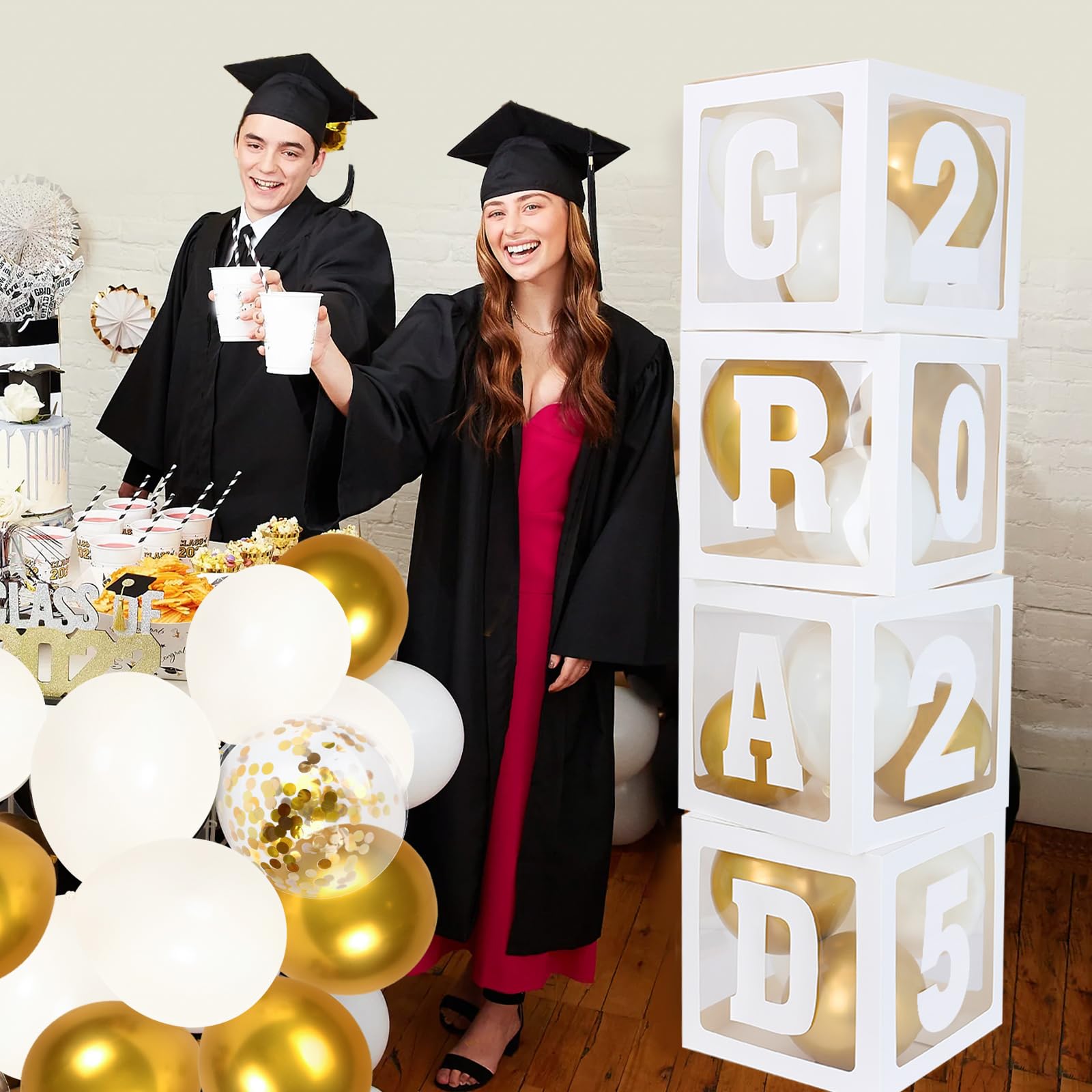 2025 Graduation Party Decorations - 4pcs White Balloon Boxes with GRAD Letters for Preschool, Kindergarten, High School & College Graduation Celebrations - Perfect for Graduation Ceremonies, Photo Backdrops & Party Decor
