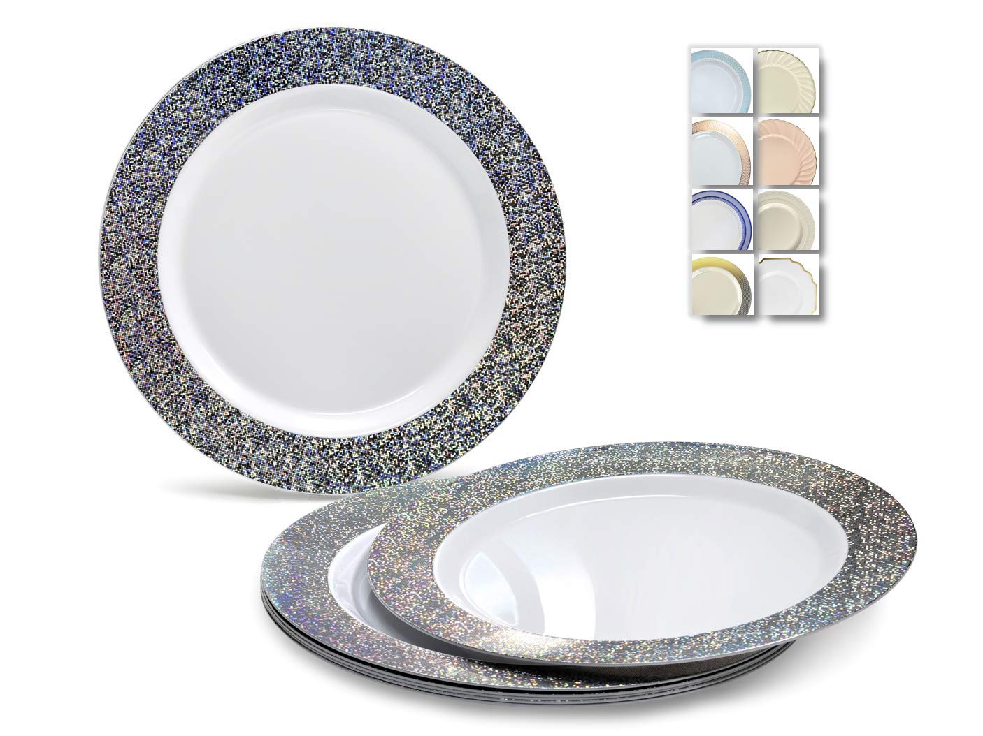 60-Pack Heavyweight Disposable Plastic Plates for Weddings & Parties - 10.25'' Hollywood White & Silver Dinner Plates - Elegant Tableware for Special Occasions, Catering & Events