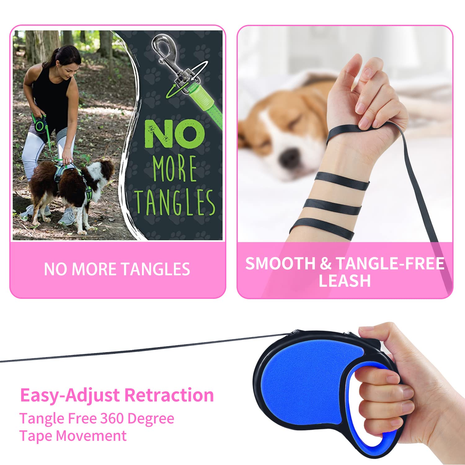 Retractable Dog Leash for Small & Medium Dogs - 16ft Strong Nylon Tape with One-Hand Lock, Tangle-Free 360° Design & Anti-Slip Handle - Perfect for Walking, Training & Outdoor Adventures (Navy Blue Gift Package)
