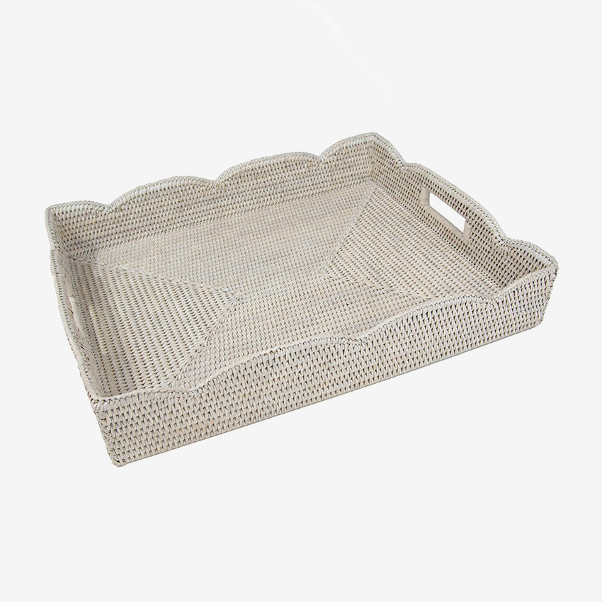 Caspari Rattan Scalloped Tray - Natural Woven Serving Tray for Coffee Table, Dining Table, and Home Decor | Perfect for Entertaining, Breakfast in Bed, and Displaying Decor