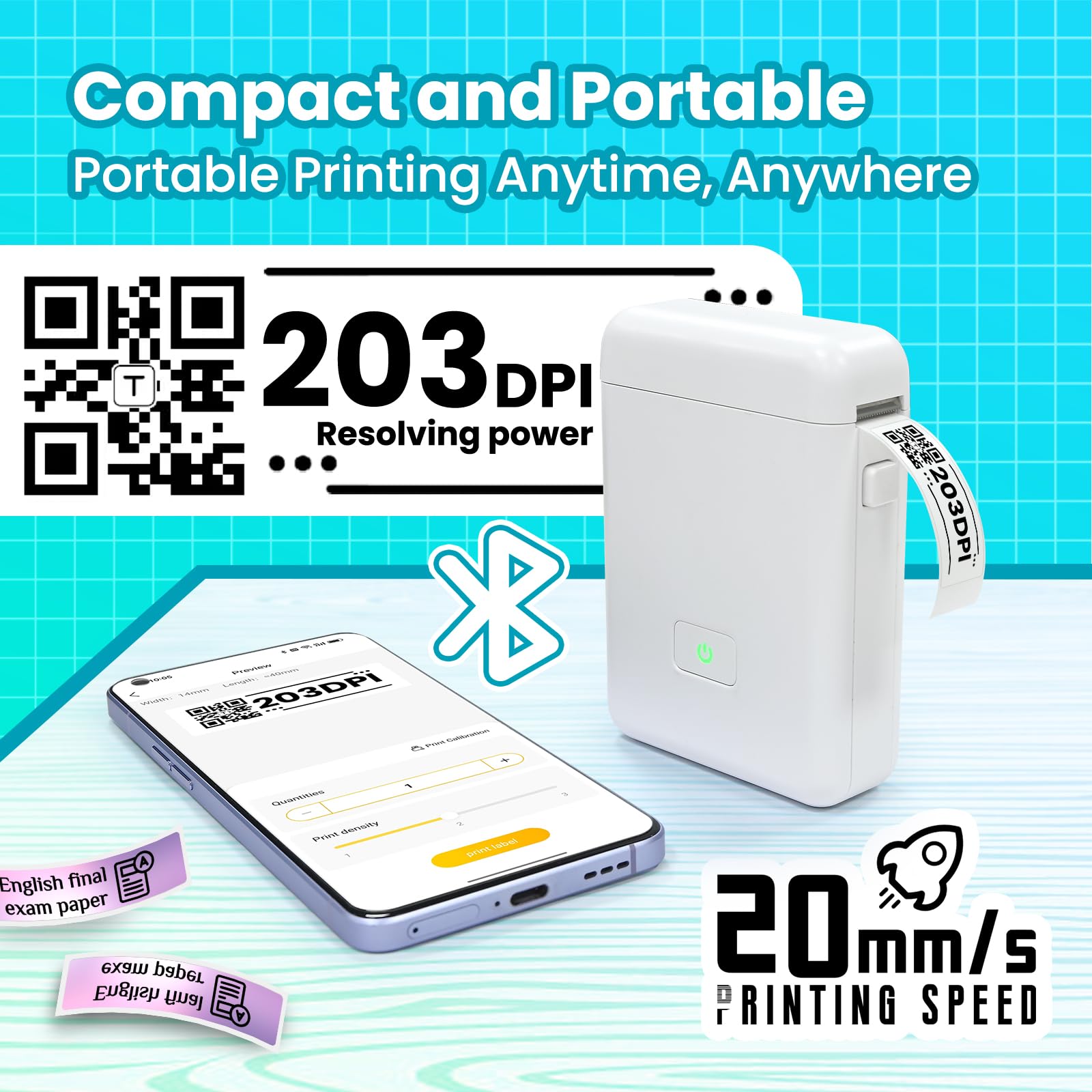 Vretti HP2 Portable Bluetooth Label Maker Machine with Tape - Wireless Mini Sticker Printer for Home Office, Storage Organization, Shipping Labels & Barcodes - Includes Multiple Templates (White) | Perfect for Pantry Organization, File Sorting & Package Labeling
