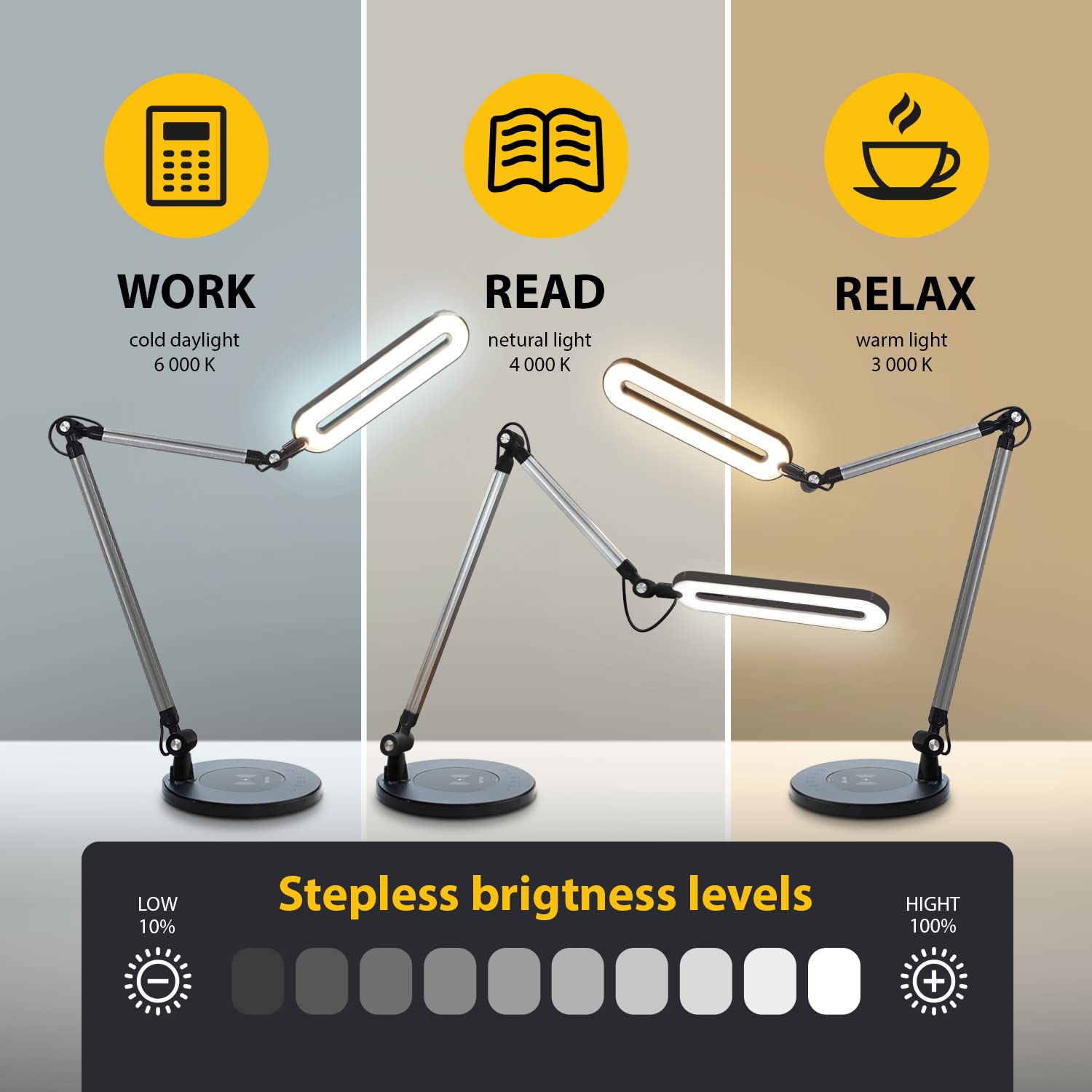 OTUS LED Desk Lamp with Wireless Charger - 3 Color & 12 Brightness Modes, Adjustable Swing Arm Architect Task Light for Home Office, Study, Reading, Video Calls - Perfect for Working, Drafting & Nighttime Use