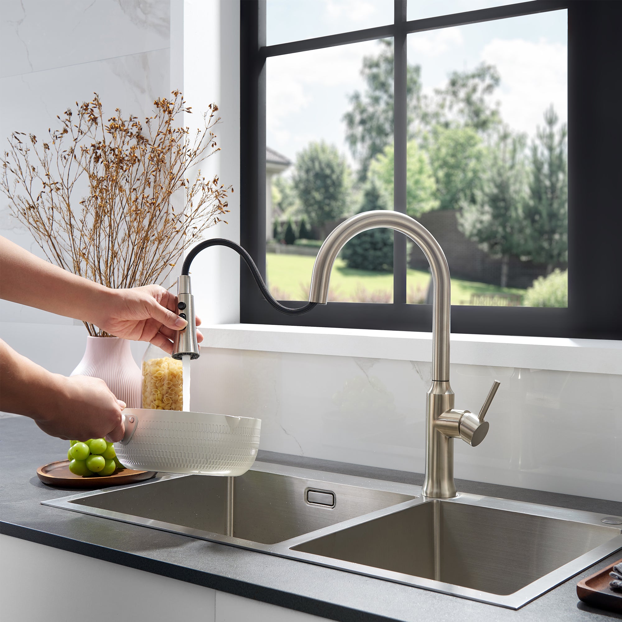 Oribe Single Handle Kitchen Faucet with Pull Down Sprayer - High Arc Brushed Nickel Modern Faucet for Sink, Dishwashing & Food Prep | Easy Installation & Durable Design