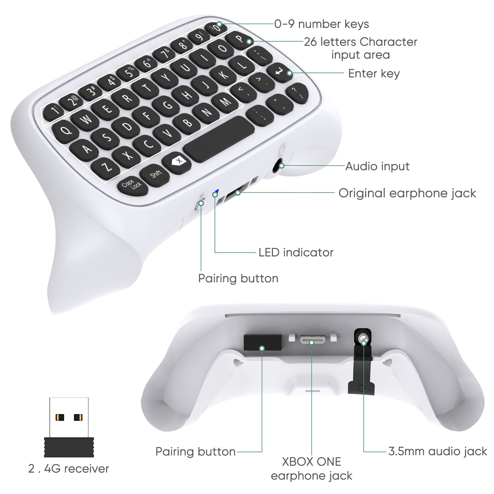 Wireless 2.4G Ergonomic Controller Keyboard for Xbox Series X/S - QWERTY Gamepad Keypad with Audio & Headset Jack - Compatible with Xbox Series X/S, One, One S - Perfect for Gaming Live Chat & Streaming