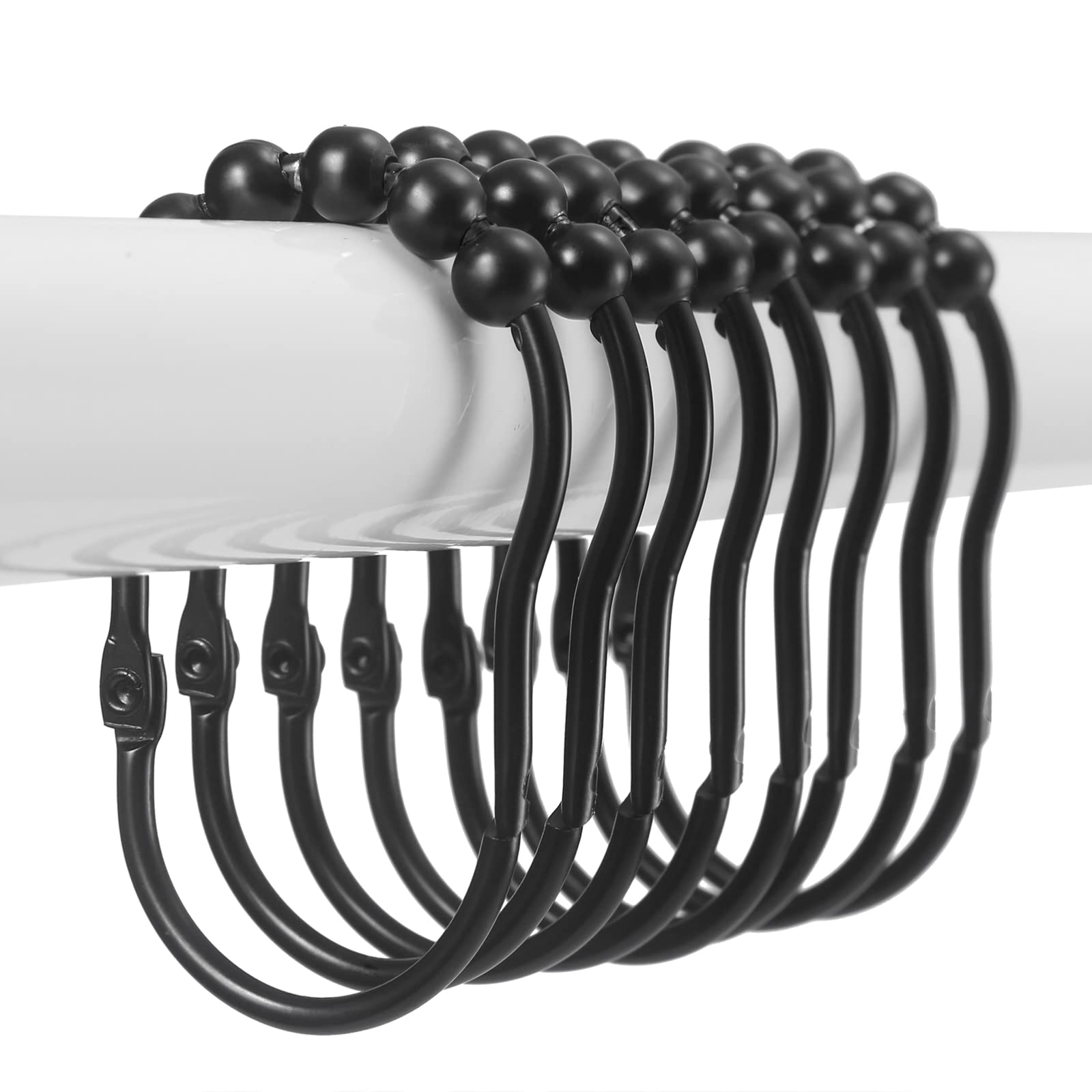 SUTINE 12PCS Stainless Steel Shower Curtain Hooks with Snap Closure - Rustproof Matte Black Roller Glide Rings for Bathroom, Shower Rod & Curtain - Perfect for Home, Hotel, and Apartment Bathroom Decor