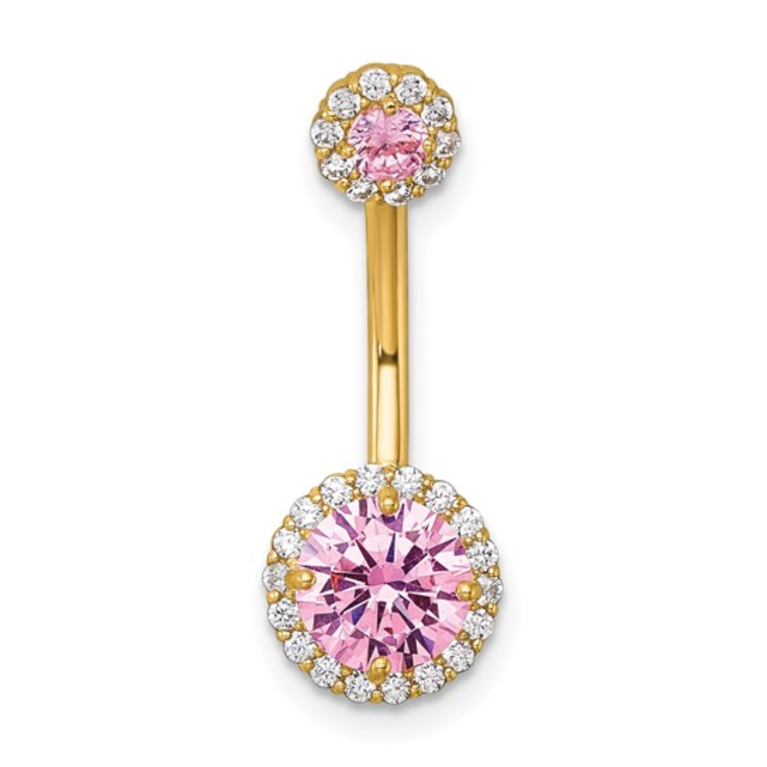 10K Gold Pink and White Cubic Zirconia Belly Button Ring - Elegant Navel Piercing Jewelry for Women, Perfect for Parties, Beach & Everyday Wear