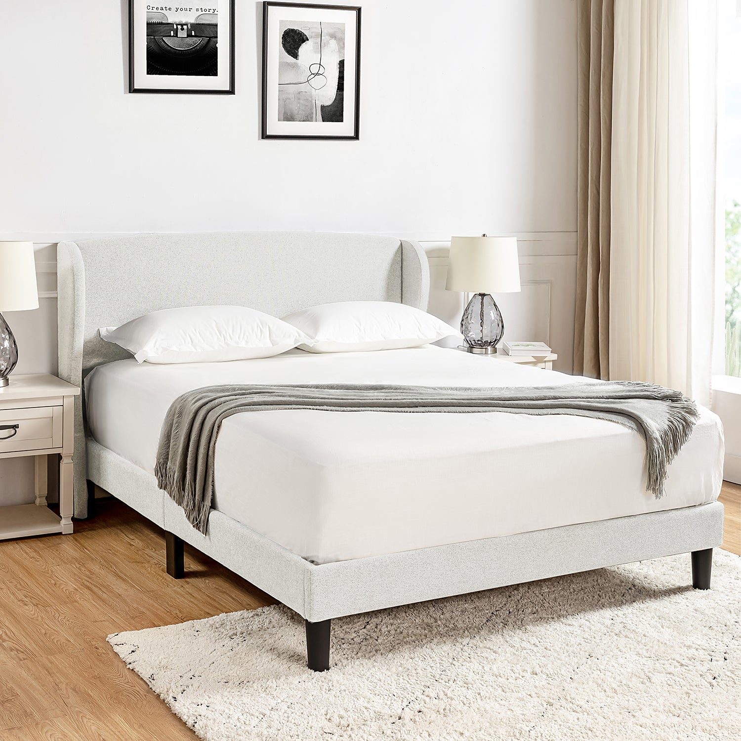 Baotist Upholstered Wingback Platform Bed Frame - Queen Size Modern Bedroom Furniture for Master Bedroom, Guest Room & Apartment