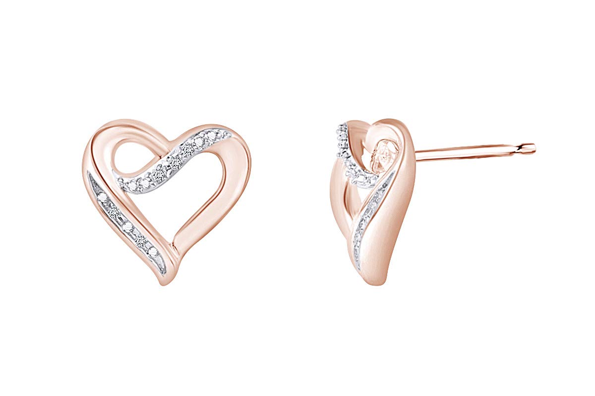 14K Gold Over Sterling Silver Round White Natural Diamond Heart Stud Earrings (I-J Color, I2-I3 Clarity, 0.07 Cttw) - Perfect for Valentine's Day Gifts, Anniversary Presents & Romantic Occasions