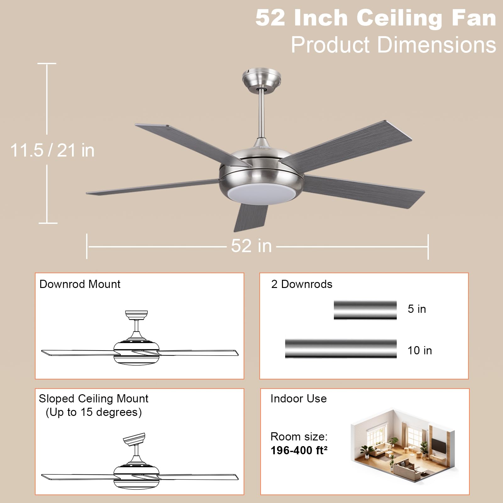 Ovlaim 52 Inch Ceiling Fan with Light Remote Control - 6 Speed Quiet DC Motor, 5 Wood Blades for Living Room & Bedroom - Perfect for Home Cooling and Air Circulation